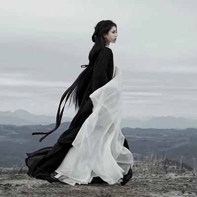 Hanfu-Set für Damen im chinesischen Stil der Wei- und Jin-Dynastie, schwarz, mit Kreuzkragen und großen Ärmeln