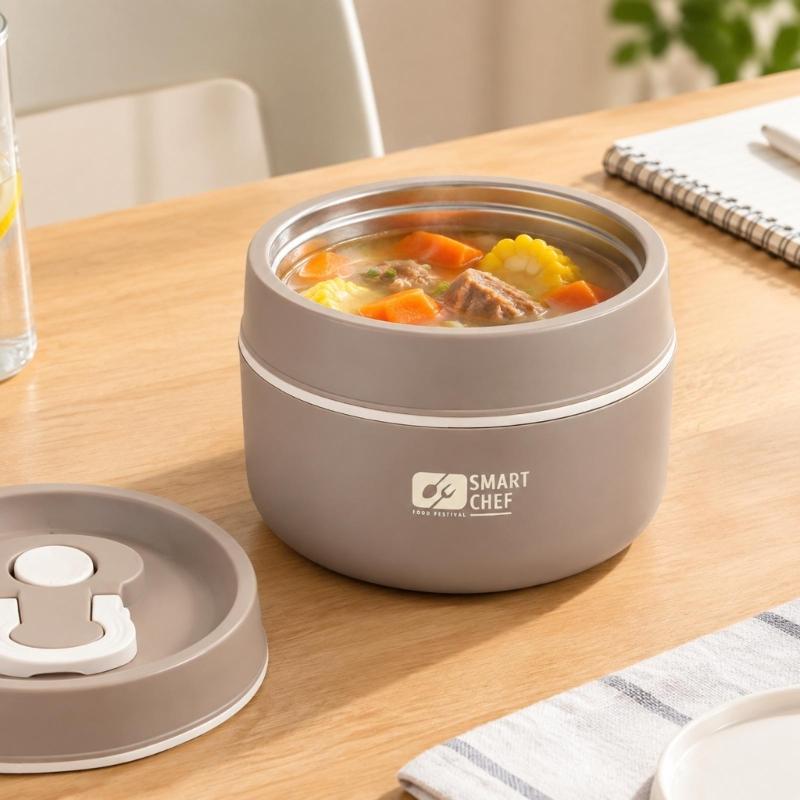 Portable Soup Container with Silicone Sealing Rings, Buckle Lid, and Fold-Down Handle, Leak Proof Hot Food Jar for Outdoor Picnics, Camping, School