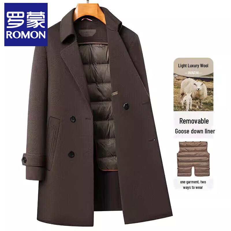 ROMON Men's Mid-Length Wool Coat with Down Liner
