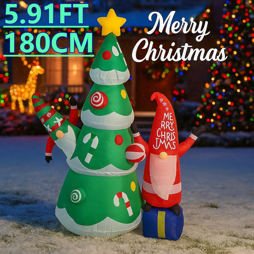 5.91FT Yard Party Decoration Inflatable Tree Gnome Elf Toy LED Light Xmas Supplies Home Decor Ornaments Christmas Holiday Gift