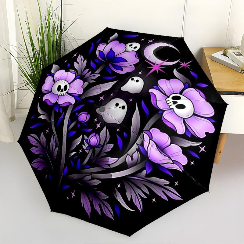 

1pc Skeleton Ghost Flower Pattern Automatic Umbrella is Fashionable and Good-Looking, a Portable 3-Fold Umbrella, Suitable for Travel and Daily Use, a