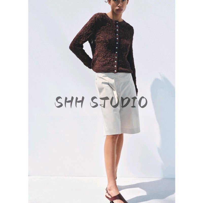 Summer New Product Women's Clothes French Single Row Multi-Buckle round Neck Long Sleeves Jacquard Mesh Knitting Outwear 9598065