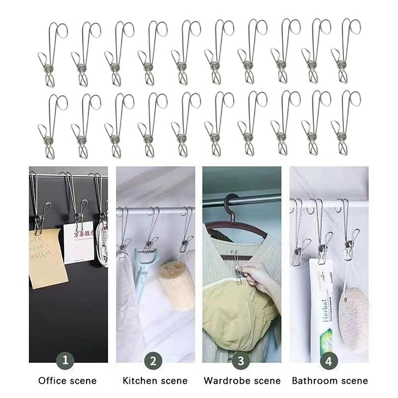 

20 шт. Прищепки для одежды Сверхпрочные Уличные, Прищепки для одежды из нержавеющей стали с крючками, Металлические прищепки с длинным хвостом для шкафа, кухни серебряный