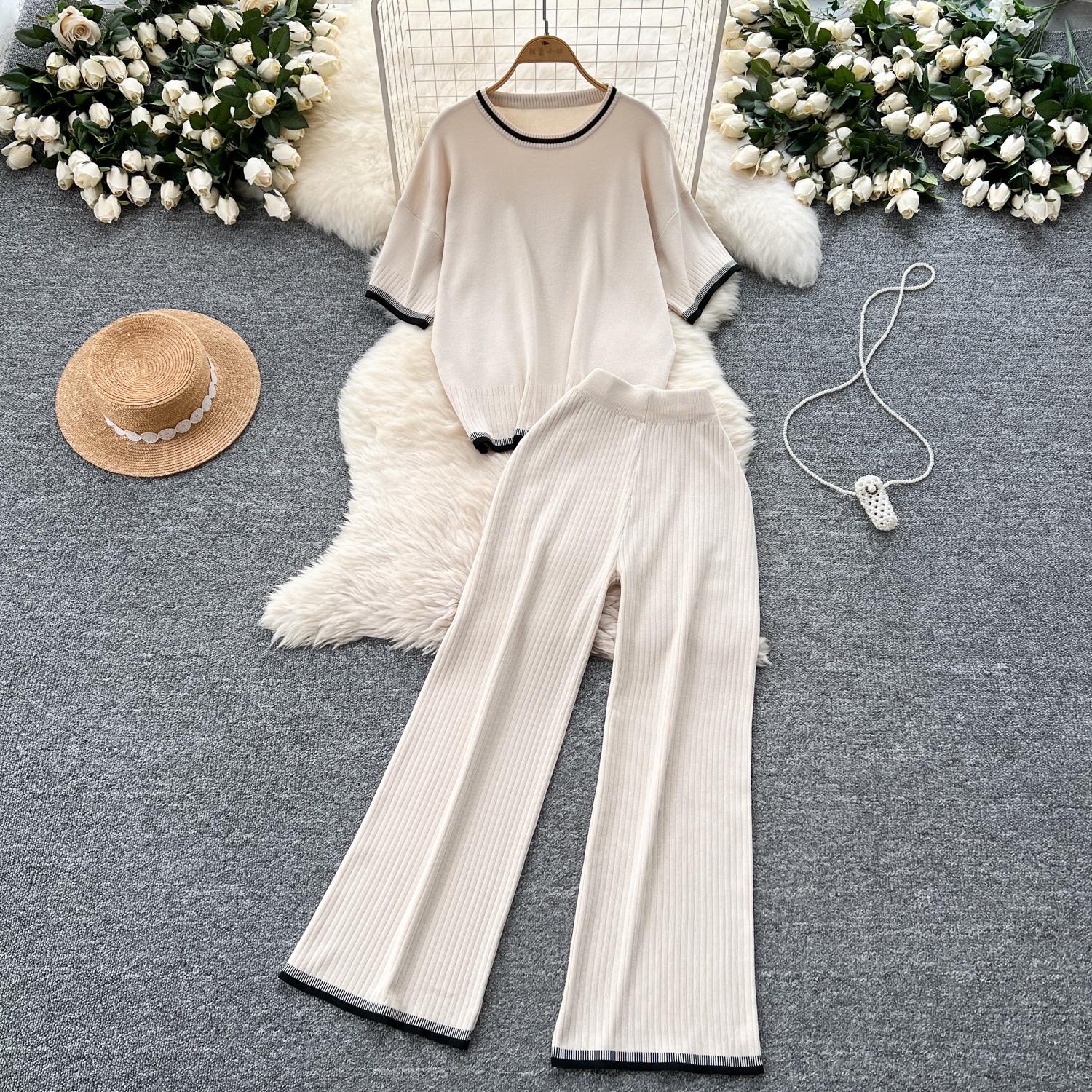 

Летний женский трикотажный свитер, брюки, комплект из двух предметов, женский свитер с коротким рукавом, топ и брюки длиной до щиколотки, спортивный костюм One Size абрикосовый