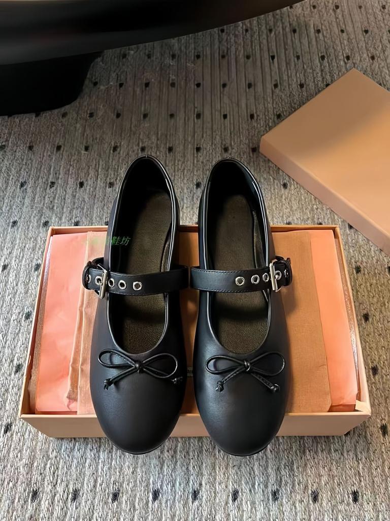 Sheepskin Version~ Miu New French Bow Ballet Flats Leather Full of Rhinestones Mary Jane Shoes
