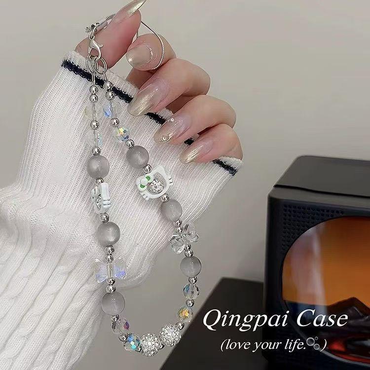 Rhinestone Cat Beaded Phone Lanyard with Bow and Crystal Beads