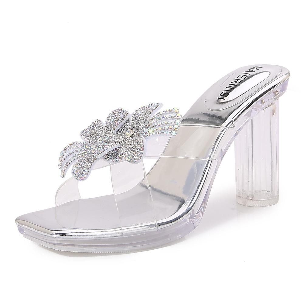 

Transparent thick high heels rhinestone bow summer wear crystal sandals new sandals 35 серебряный