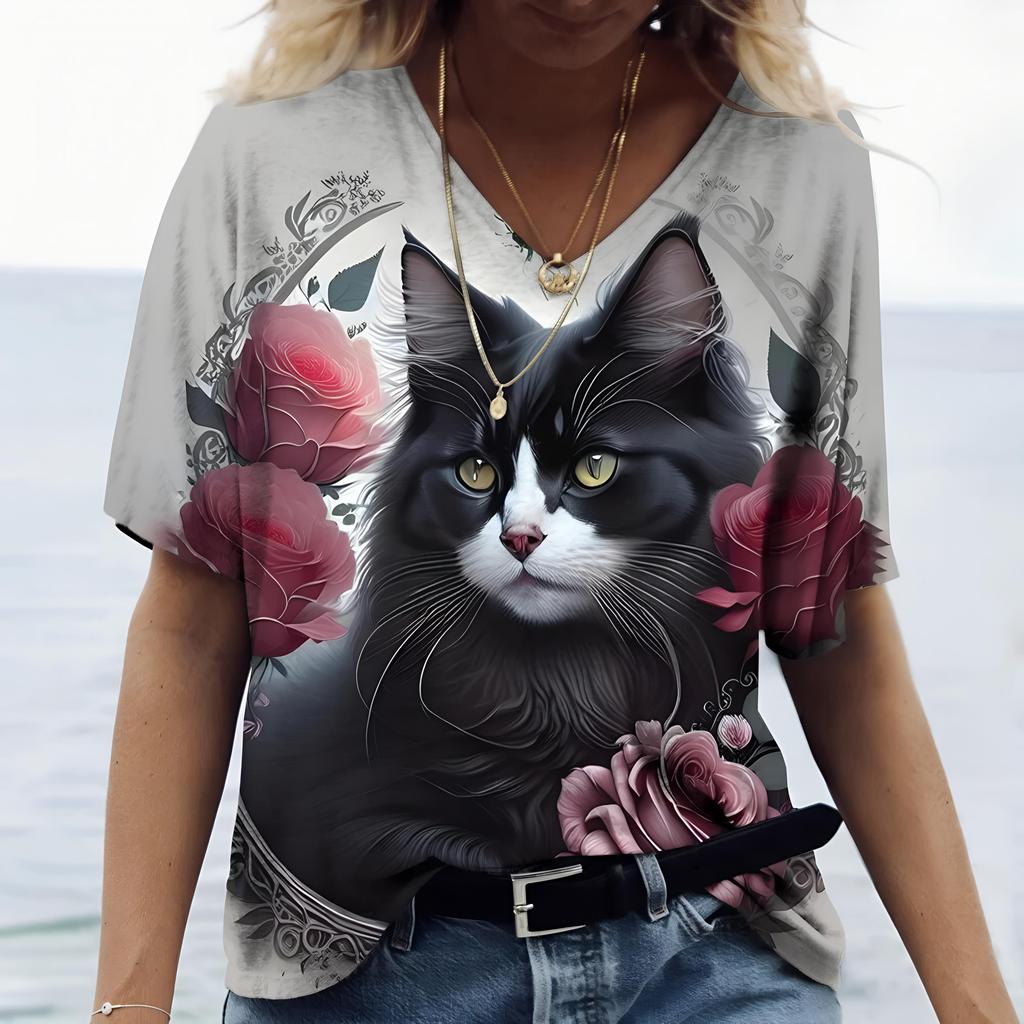 Women's Casual Summer V-Neck Short Sleeve T-Shirt Kawaii Harajuku Style Cute Kitten 3D Print Fashionable Loose