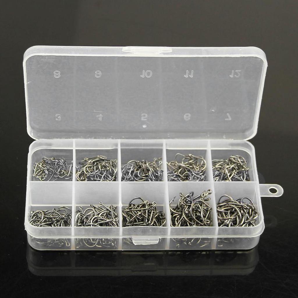 500Pcs 10 Sizes Assorted Sharpened Fishing Hooks Lures Baits with Tackle Box