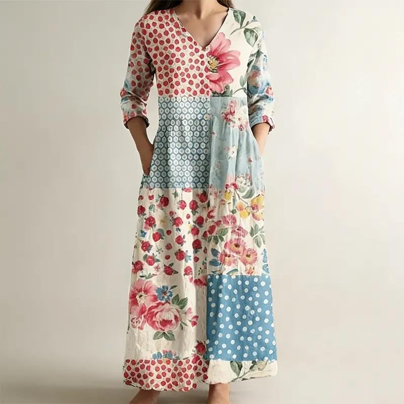 2026 new summer super long dress casual V-neck long-sleeved bohemian peacock print floral dress S