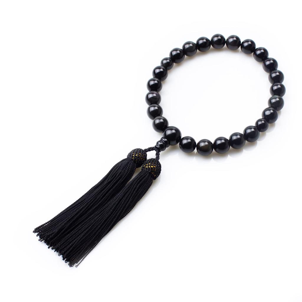 Eizen Nenjuya Men's Onyx Prayer Beads with Silk Tassel, 22 Beads, Nishijin Brocade, and Gold Brocade Bag, Perfect for Funerals, Wakes, and Informal