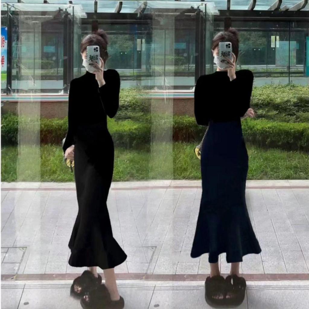 Women's Black Fishtail Skirt Dress - Spring/Autumn Hip-Hugging Long Skirt 2026 New Style