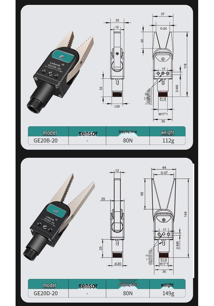 Double-Acting Pneumatic Needle-Nose Gripper GE20B-20 for Robotic Arm and Water Jet Applications