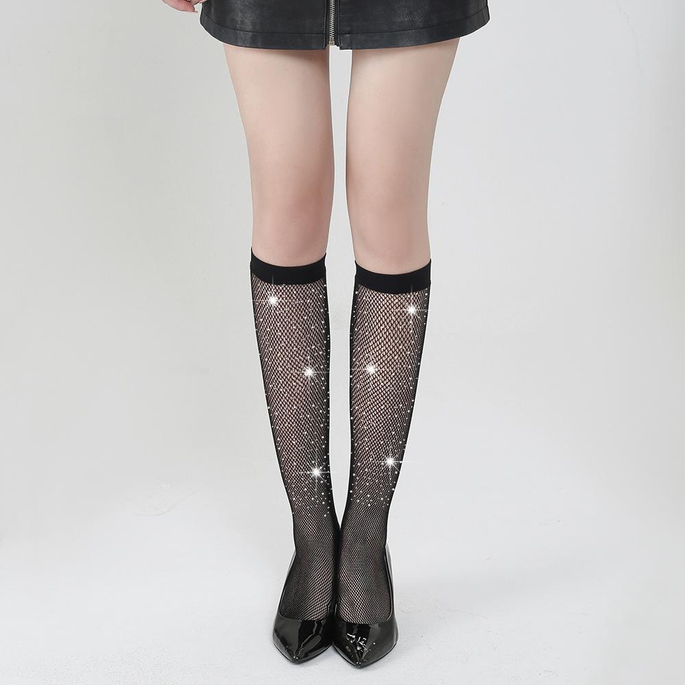 Hot diamond fishing net socks plus diamond black short socks medium tube socks Internet celebrities same size mesh pressure socks white calf socks