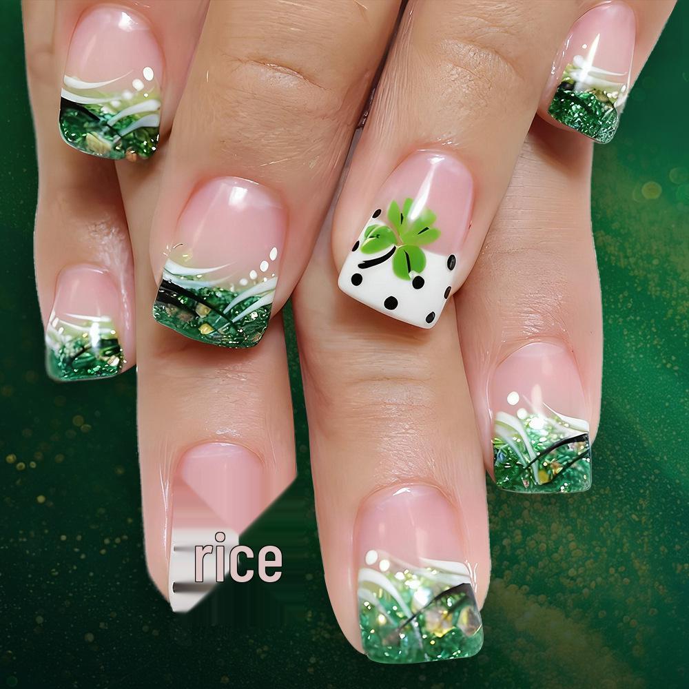 St. Patrick s Day Glitter Green and Gold Clover Polka Dot Nail Art Set - 24 Pieces