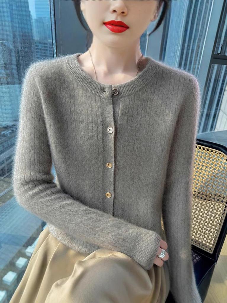 2026 Autumn/Winter Women's Soft Chunky Cable Knit Wool Cardigan Sweater - Round Neck Solid Color Top