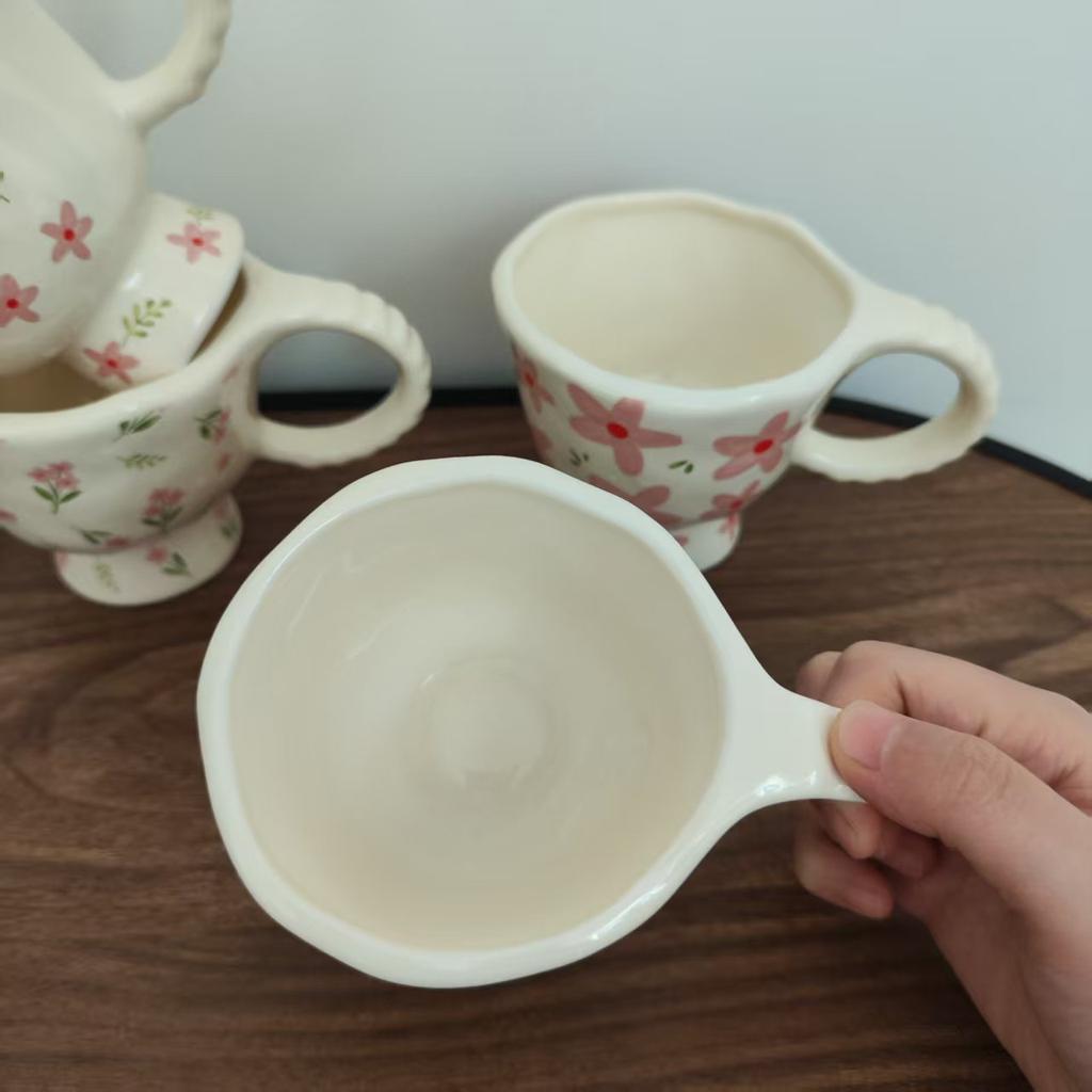 2pc,Floral pattern,Hand-kneaded,Flower,Fresh and elegant,Mug,Coffee cup,Goblet,French-style,Underglaze color,Hua Hua