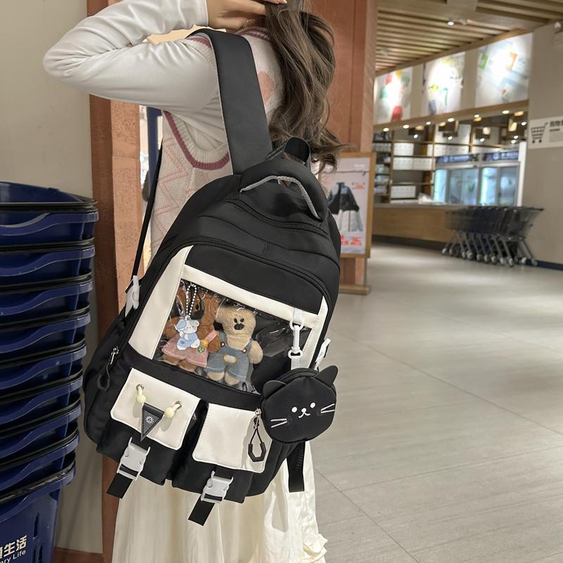 Large Capacity Student Schoolbag Women's Cat Pattern Backpack Color Contrast Backpack with Coin Purse