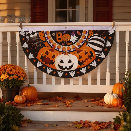 Large Halloween Yard Backdrop Semi Circle Bunting Banner, Pumpkin Bat Porch Decor, Haunted House Party Decor Spooky Festive Hanging Flag for