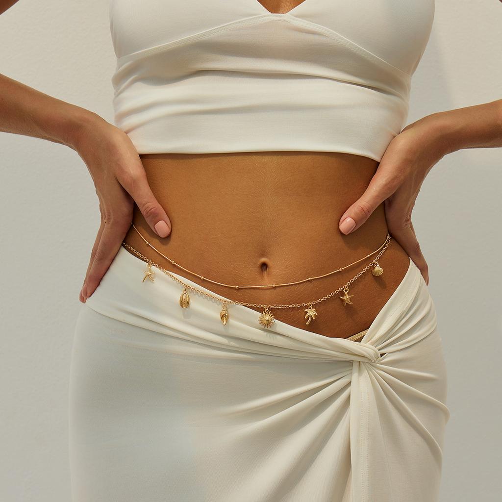 Vacation Style Starfish Shell Coconut Tree Pendant Waist Chain, Sexy Babe Body Chain Conch Waist Accessories