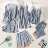 Women's Summer Silk Pajama Set: 5-Piece Long Sleeve, Lace Trim Camisole, Shorts & Pants