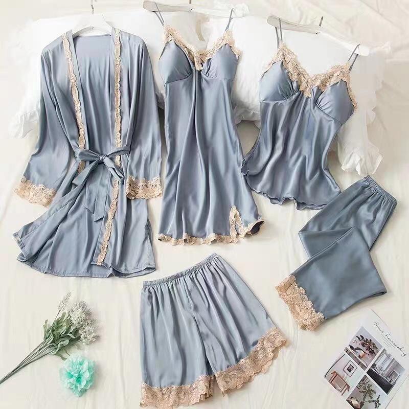 Women's Summer Silk Pajama Set: 5-Piece Long Sleeve, Lace Trim Camisole, Shorts & Pants