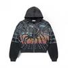 Mens Oversized Hooded Sweatshirt With 3D Graphic Print Washed Effect Drop Shoulder Zipper Front Casual Streetwear
