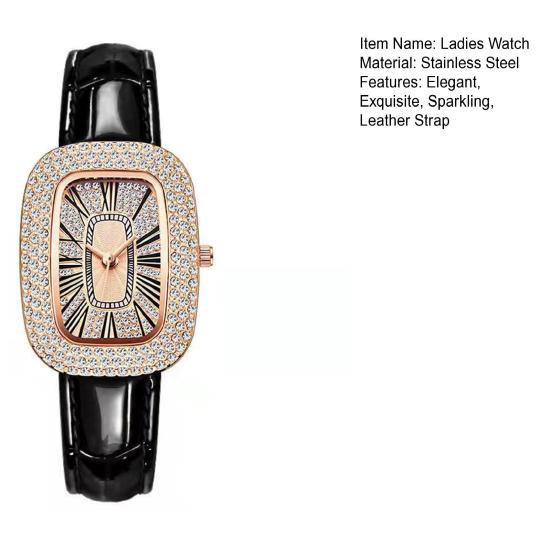 Women Vintage Petite Bracelet Dainty Watch Small Square Analog Quartz Watch Luxury Ladies Adjustable Leather Strap Rhinestones Wristwatch for Women