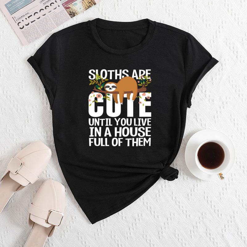 Summer Women's Fashionable Letter Sloth Short Sleeved Casual Loose Cotton Round Neck Top