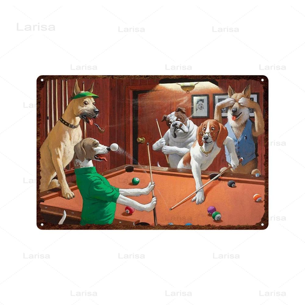 Dogs Playing Poker Game Metal Plaque Animals Playing Billiards Tin Sign Garage Club Wall Pub Tin Sign Vintage Metal Posters