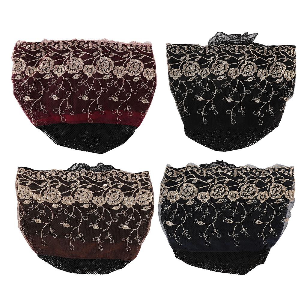 4 Pcs Women Muslim Inner Hijab Cap Black Wine Red Navy Blue Coffee Color Lace Cotton Embroidered Und