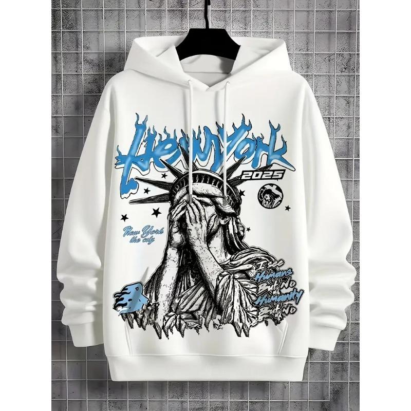 Fashionable new men's autumn Statue of Liberty print soft and comfortable hooded sweatshirt outdoor street style top