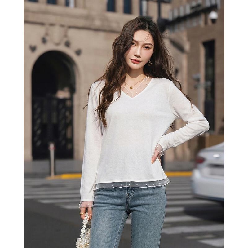 TERRE BLEUE Women's V-Neck Mesh Splicing Long Sleeve T-shirt