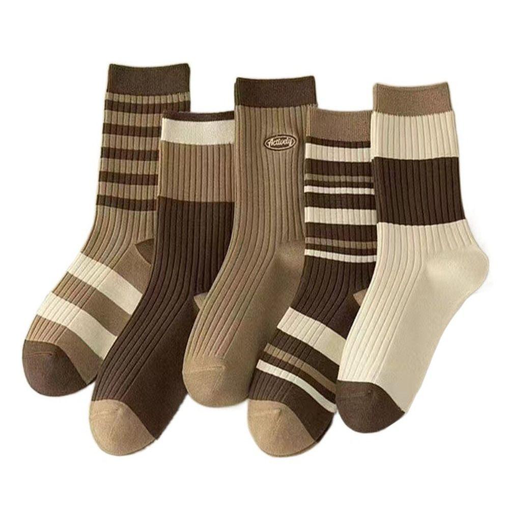 5Pairs Soft Stripe Tube Socks Breathable Mid-calf Socks Women's Cotton Socks  for Four Seasons