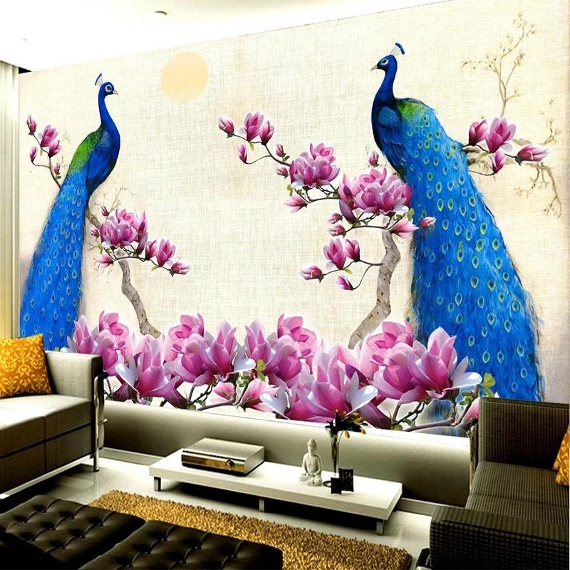 Mural Wallpaper 3d Blue Peacock Oil Painting Living Room Tv Sofa Study Home Decor Classic Wall Papers