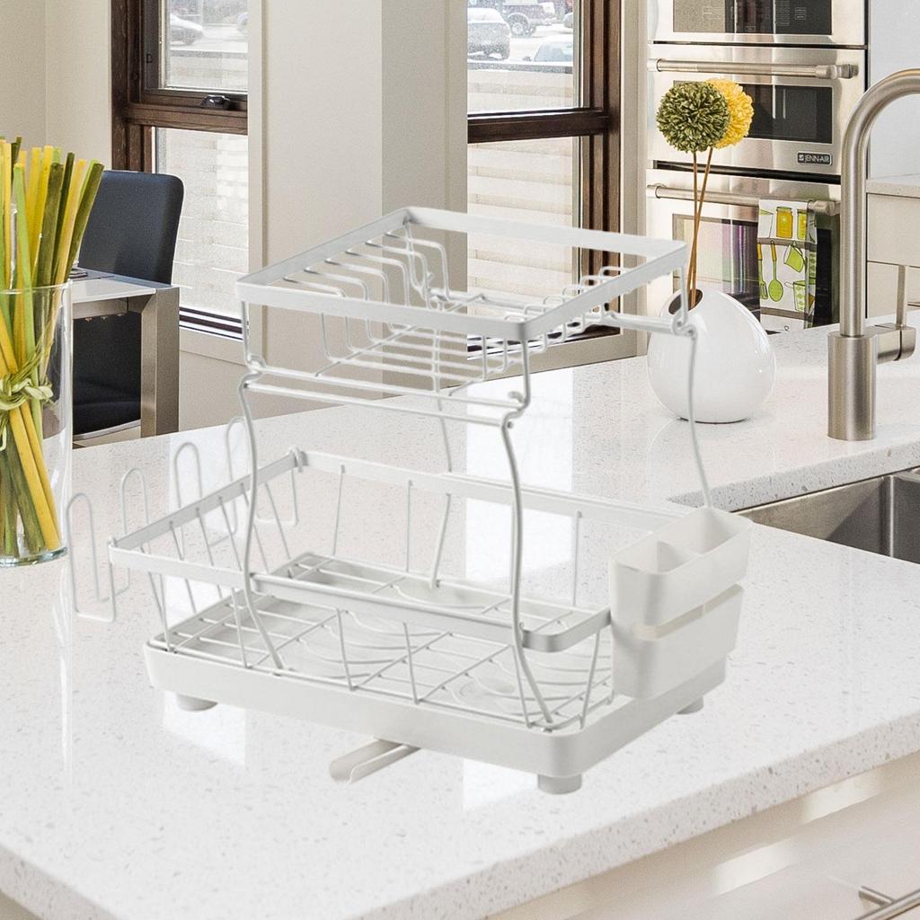 2 Layer Dish Drying Rack with Cup Holder for Kitchen Use