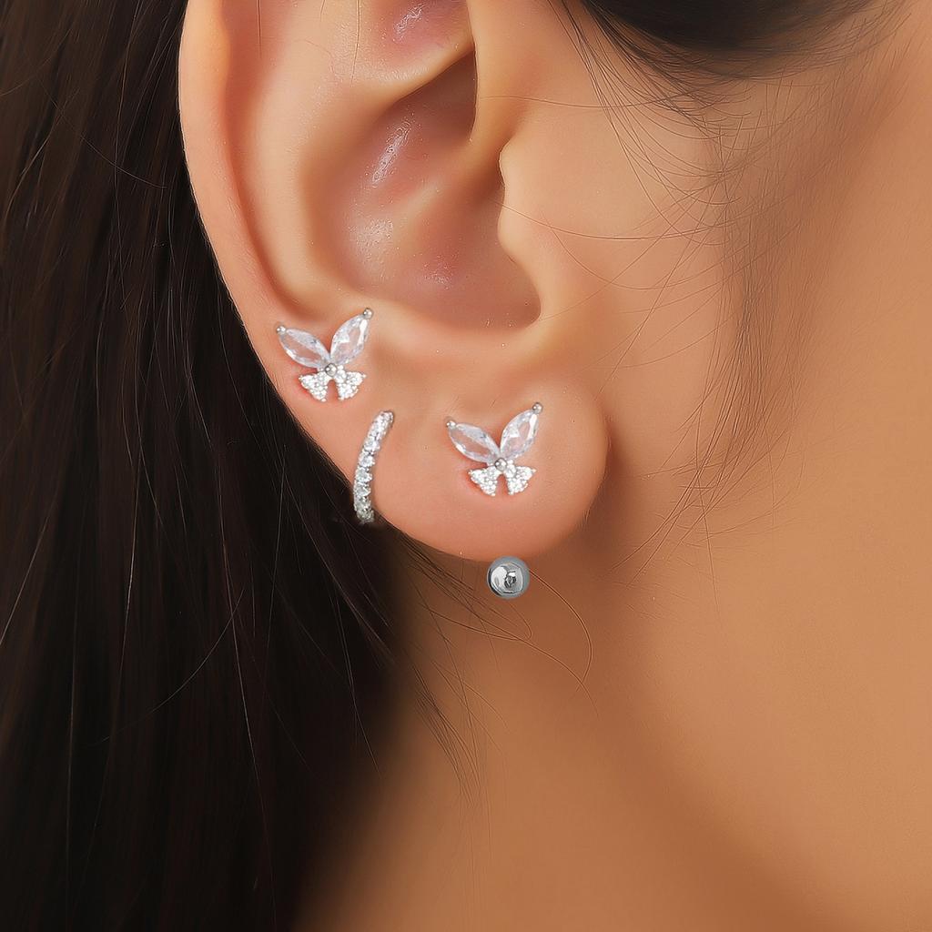 3PCS Luxury Stainless Steel Butterfly Small Hoop Earrings Set For Women Trendy Zircon Stud Women's Earring  Fashion Jewelry