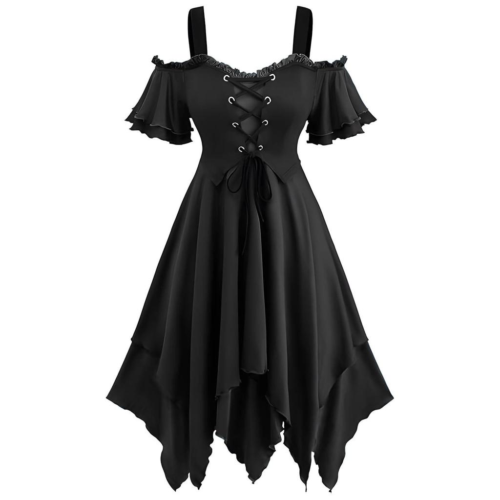 Women’s  Cool Solid Gothic  Lace Insert Butterfly Sleeve Dress
