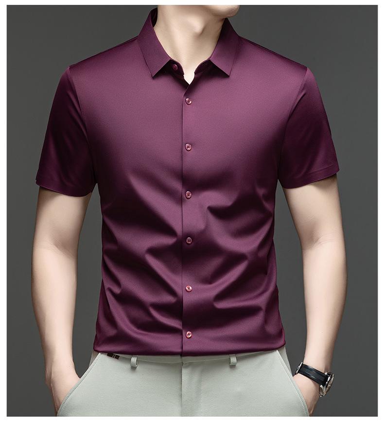 Pánská letní bezešvá košile s krátkým rukávem z ledového hedvábí - Prodyšná, jednobarevná, Business Casual, s krátkým rukávem.