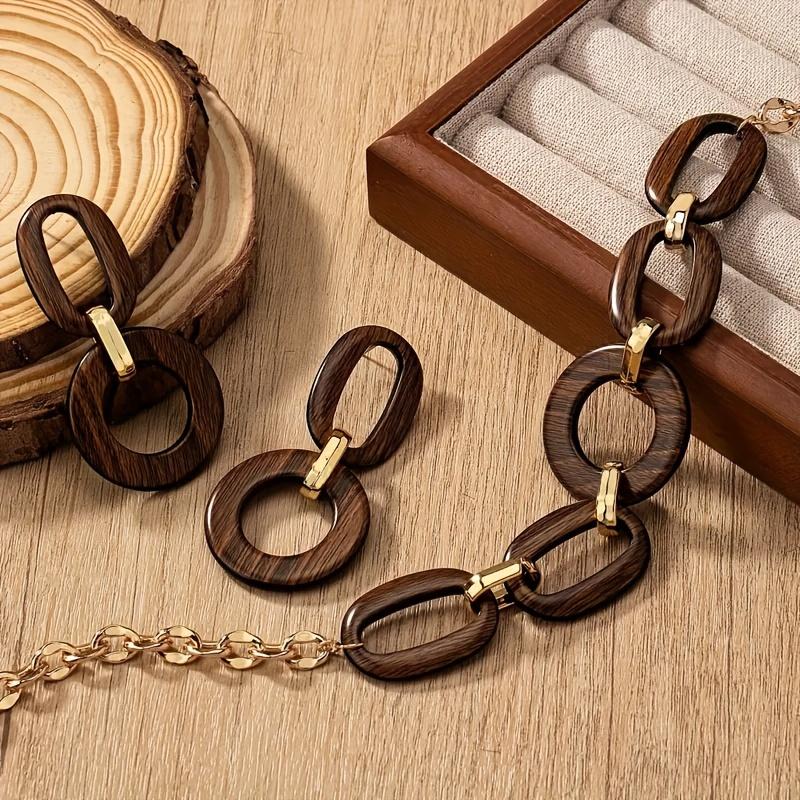Conjunto de joyas geométricas de madera, estilo bohemio, diseño retro occidental, conjunto de collar y aretes de gran tamaño llamativos, accesorio de moda para mujer