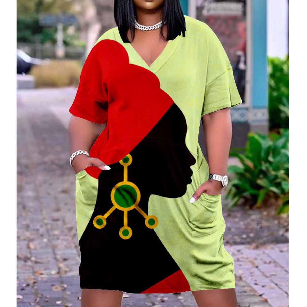 2026 digital printing cross-border temperament commuter skirt pullover V-neck dress