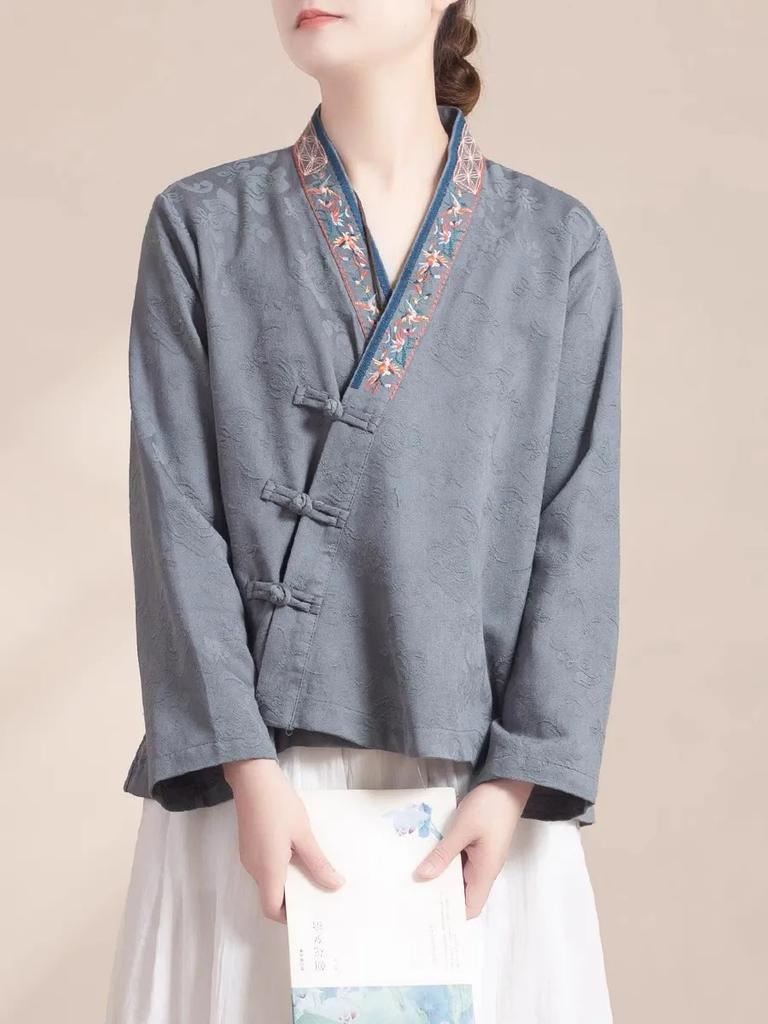 Placket embroidered disc-buckled cotton and linen long-sleeved cardigan women's casual loose spring and autumn top