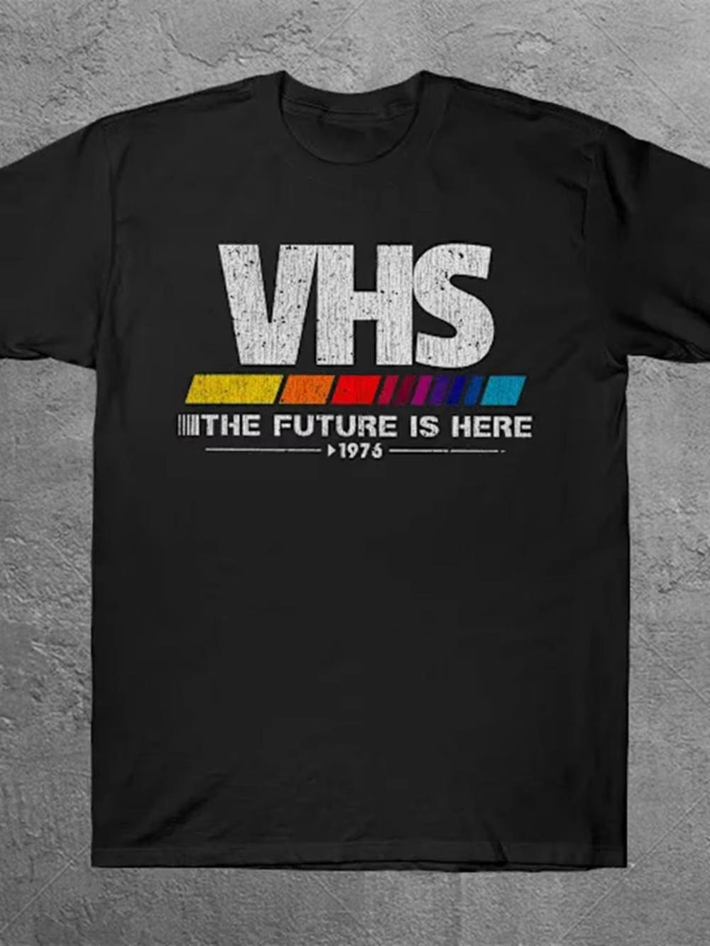 

Men S Retro VHS Film Inspired T-Shirt 1970S Design Declaring The Future Is Here Black Tee White Lettering for Film Lovers - M... S разноцветный
