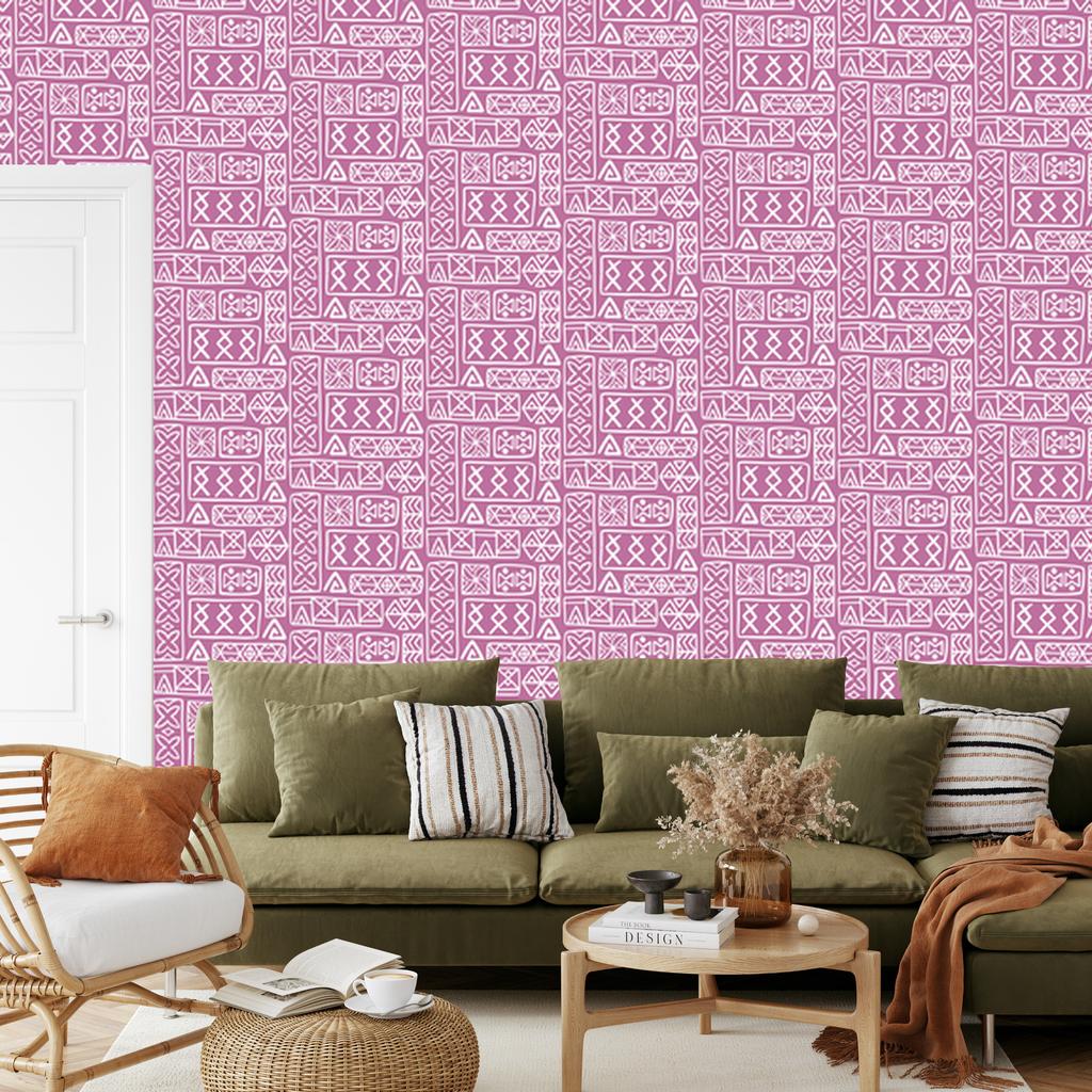 Polynesian Geometric Pattern Wallpaper Purple and Powder Pink 50x1000