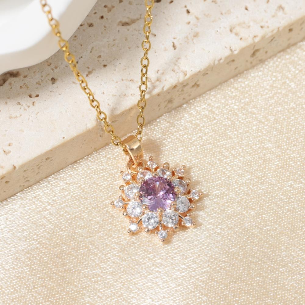 Purple Zirconia Sunburst Pendant Necklace, Golden Tone Sparkly Jewelry for Women