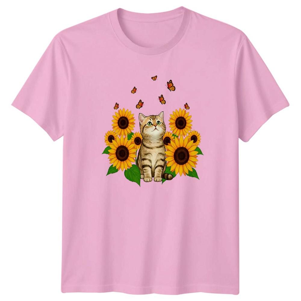 Kitten Sunflower Butterfly Unisexs TShirt Nature Cat Birthday Gift For Her
