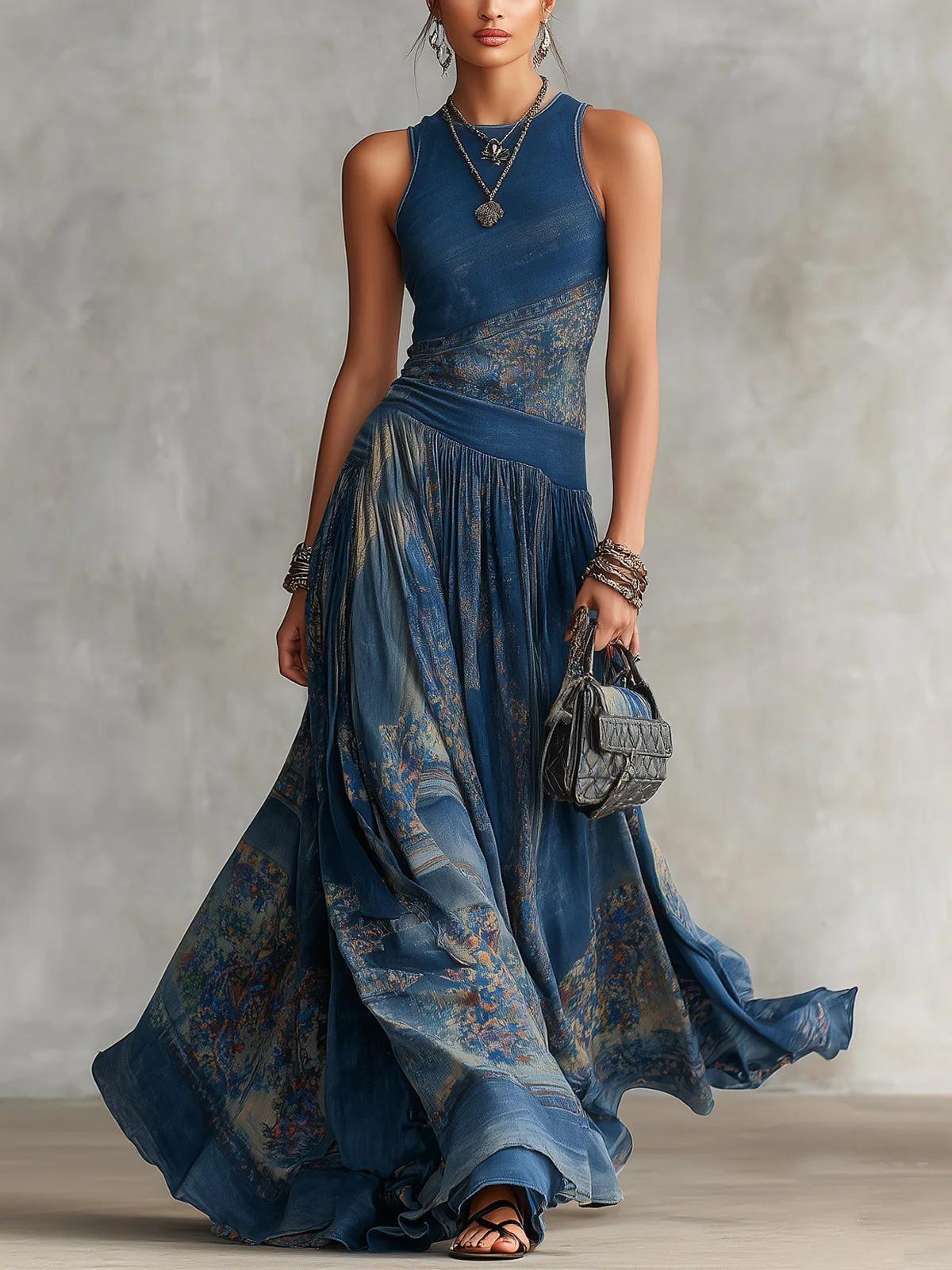 Women Sleeveless Halter Neck Printed Maxi Dress Bohemian Vintage Flowy Dress S