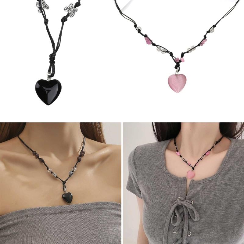 Heart Natural Stone Necklace Woven Rope Chain Choker for Women Girl Unisex Necklace Gemstone-Jewelry Ornament Gift