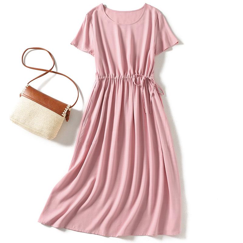 

Лето 2025 года, новое платье из тенселя с круглым вырезом, короткими рукавами, однотонное женское платье с завязками на талии, средней и длинной юбкой M розовый
