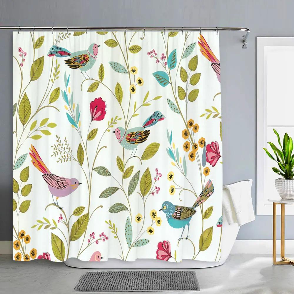 Flower Bird Shower Curtain Botanical Flower Leaf Home Decor Polyester Fabric Washable Shower Curtains Bathroom Decor With Hooks